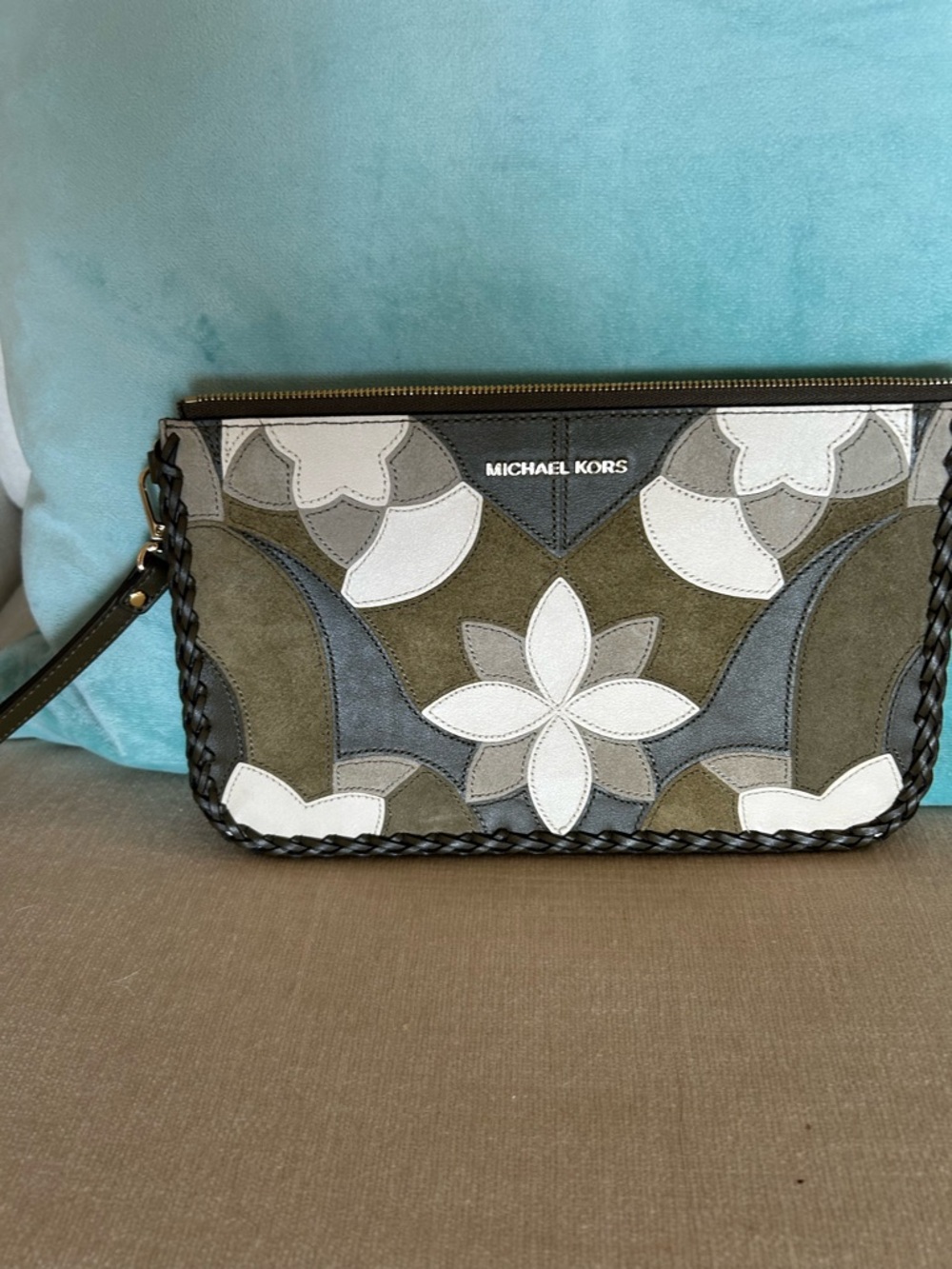 Michael Kors Olive, Gray & White Floral Appliqué Wristlet - Picture 2 of 3